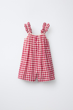 ZARA КОРОТКИЙ КОМБИНЕЗОН В КЛЕТКУ С ВОЛНИСТЫМ КРАЕМ, РОЗОВЫЙ/БЕЛЫЙ