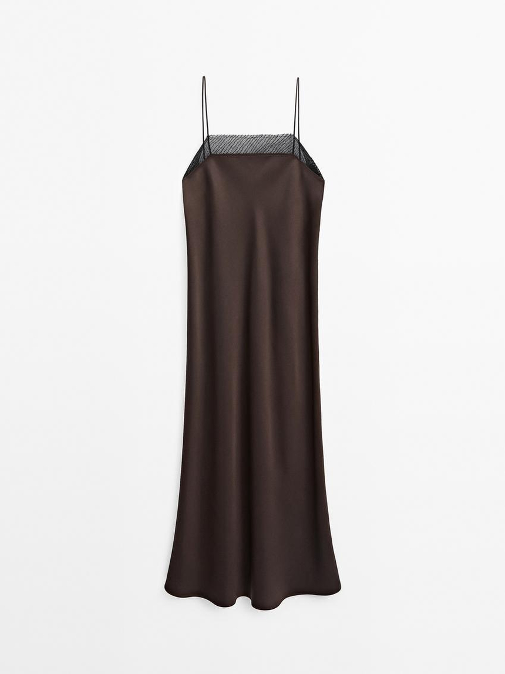 Massimo Dutti Платье миди из струящейся ткани с кружевом, шоколадный