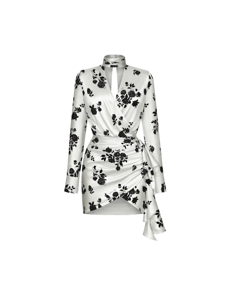 ЛЕА мини (Leah mini), платье из молочного атласа крупные черный цветы