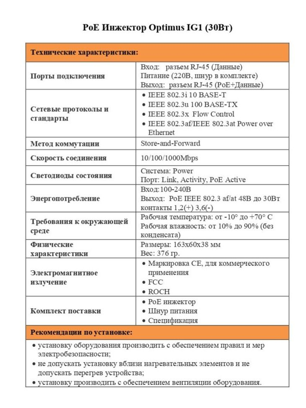 PoE Инжектор Optimus IG1 (30Вт)