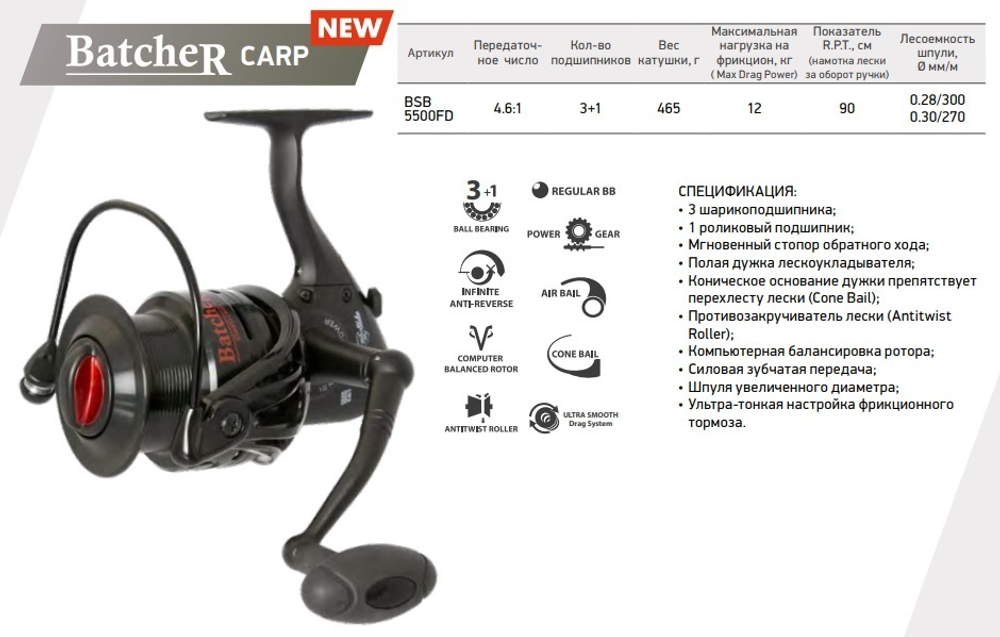 Катушка безынерционная карповая Black Side Batcher Carp 5500FD (3+1 подш.)