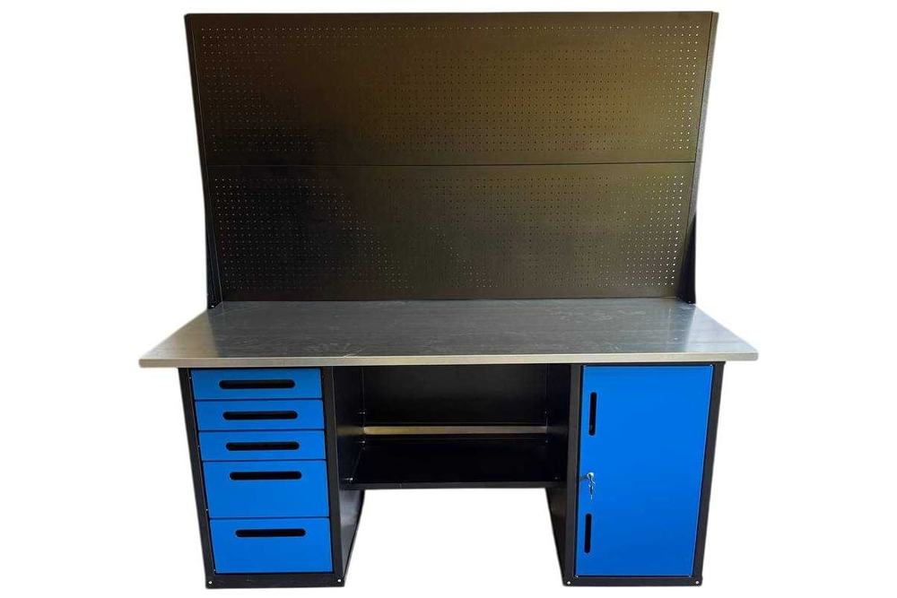 Верстак GWT-V1800BL5 Great Wolf - двухтумбовый, 5 ящиков, тумба с дверью, два экрана, синий 1800x700мм