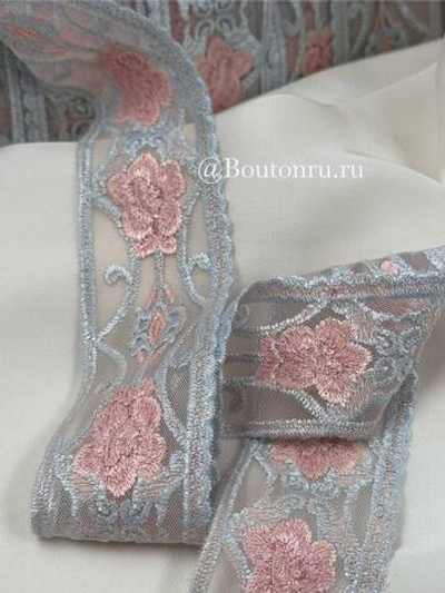 Кружево голубое с розовыми цветами 35 мм