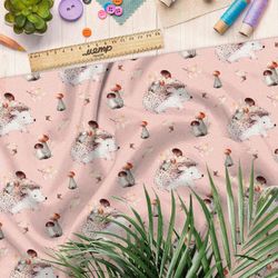 Ткань габардин милый ёжик с грибами