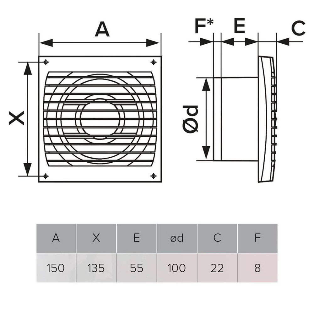 Вентилятор вытяжной настен, Эра, d100 мм, 14 Вт, 97 м3/ч, ERA 4S