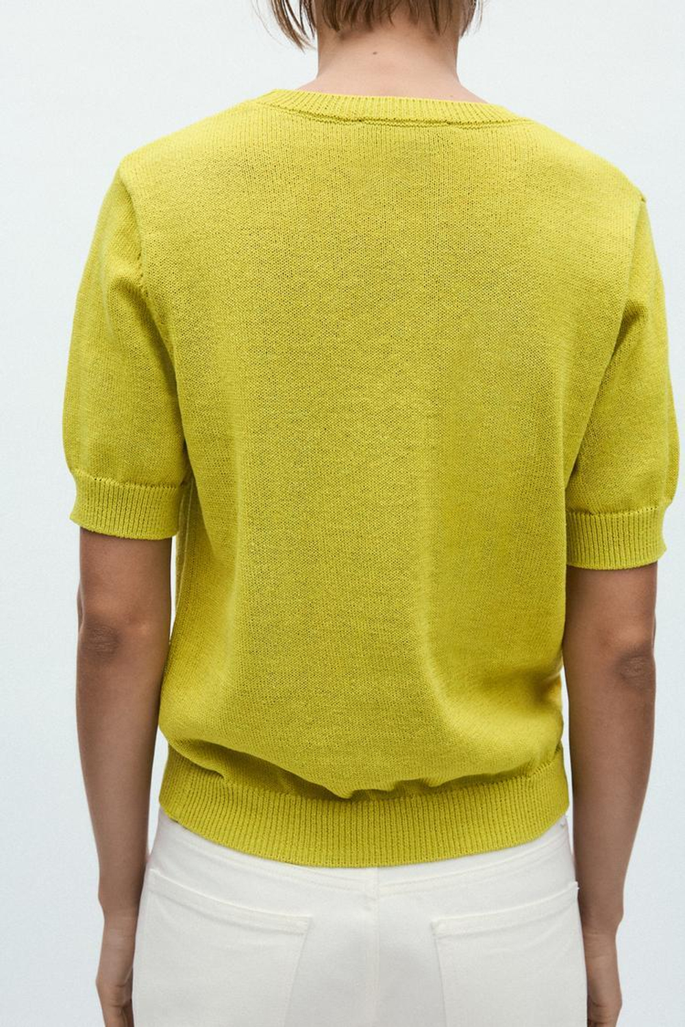 ZARA ОДНОТОННЫЙ ТРИКОТАЖНЫЙ ТОП В СТИЛЕ РУСТИК, ЛАЙМОВЫЙ