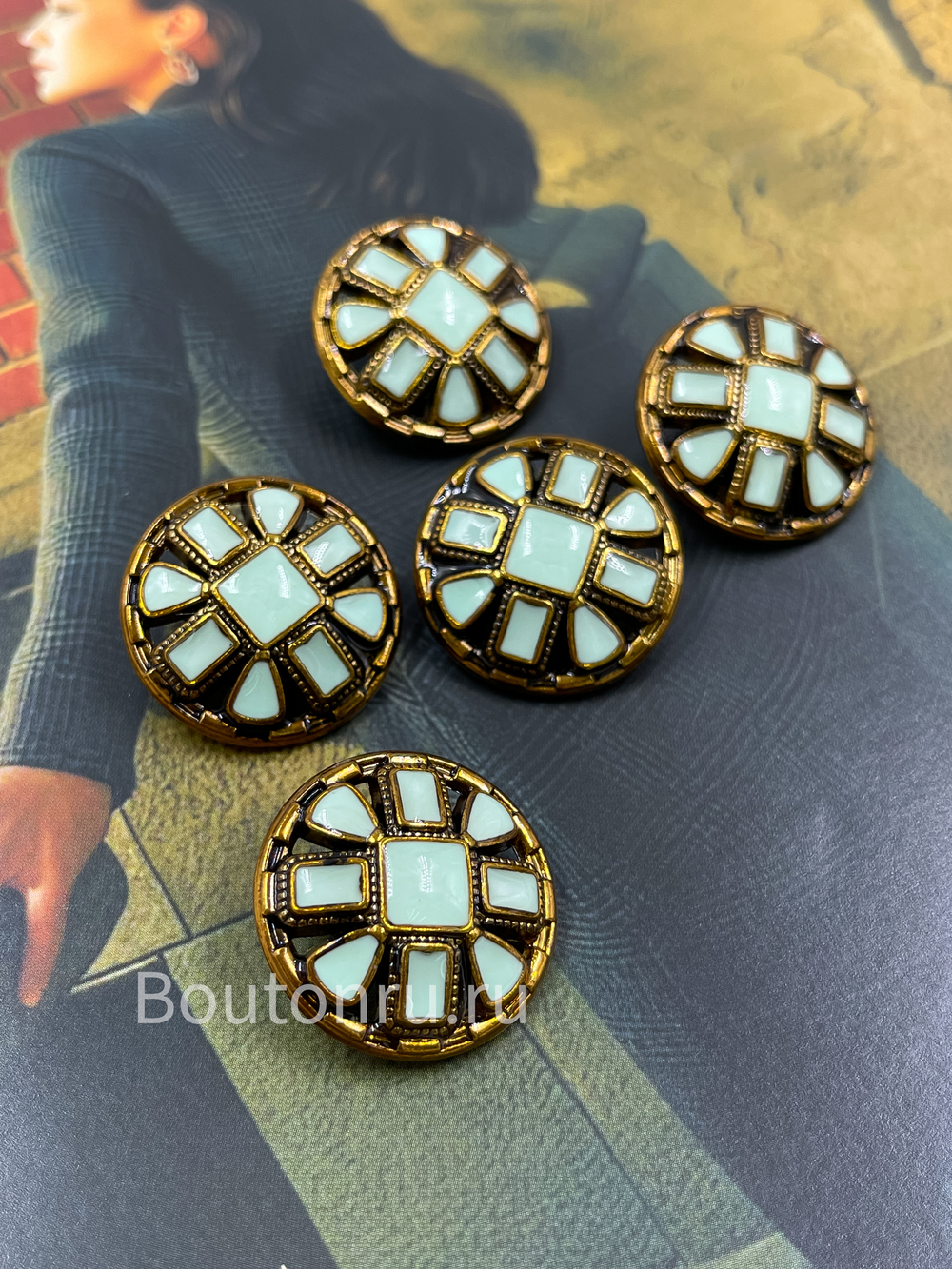 Пуговицы с квадратными деталями бронзовый металл с эмалью оттенка тиффани (голубые)