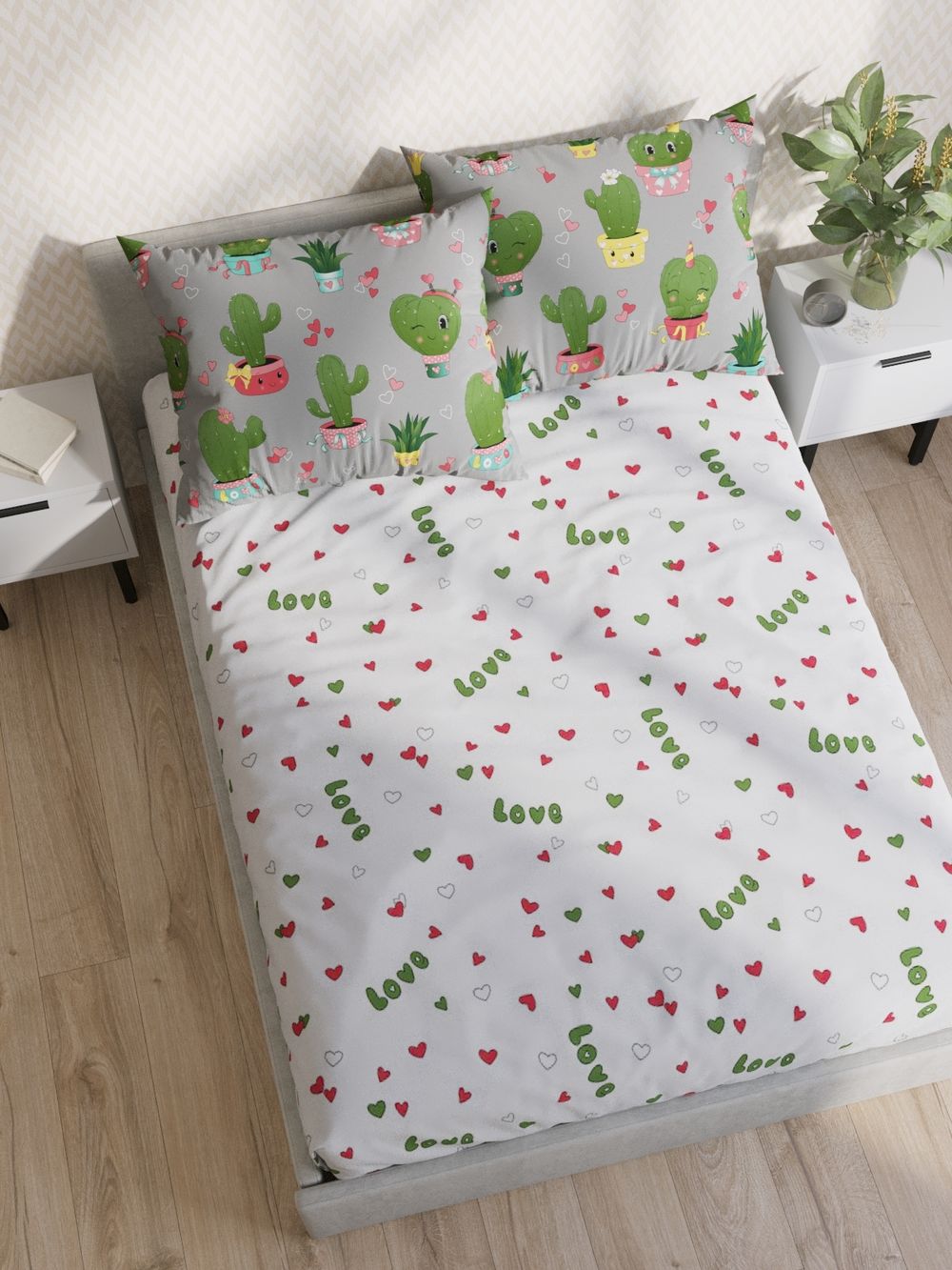 Постельное белье поплин Сказка "Кактусики/Кактусики (компаньон)" 1,5-сп Наволочка 50х70 см 1 шт Простынь 150x215 смПододеяльник 145x215 см