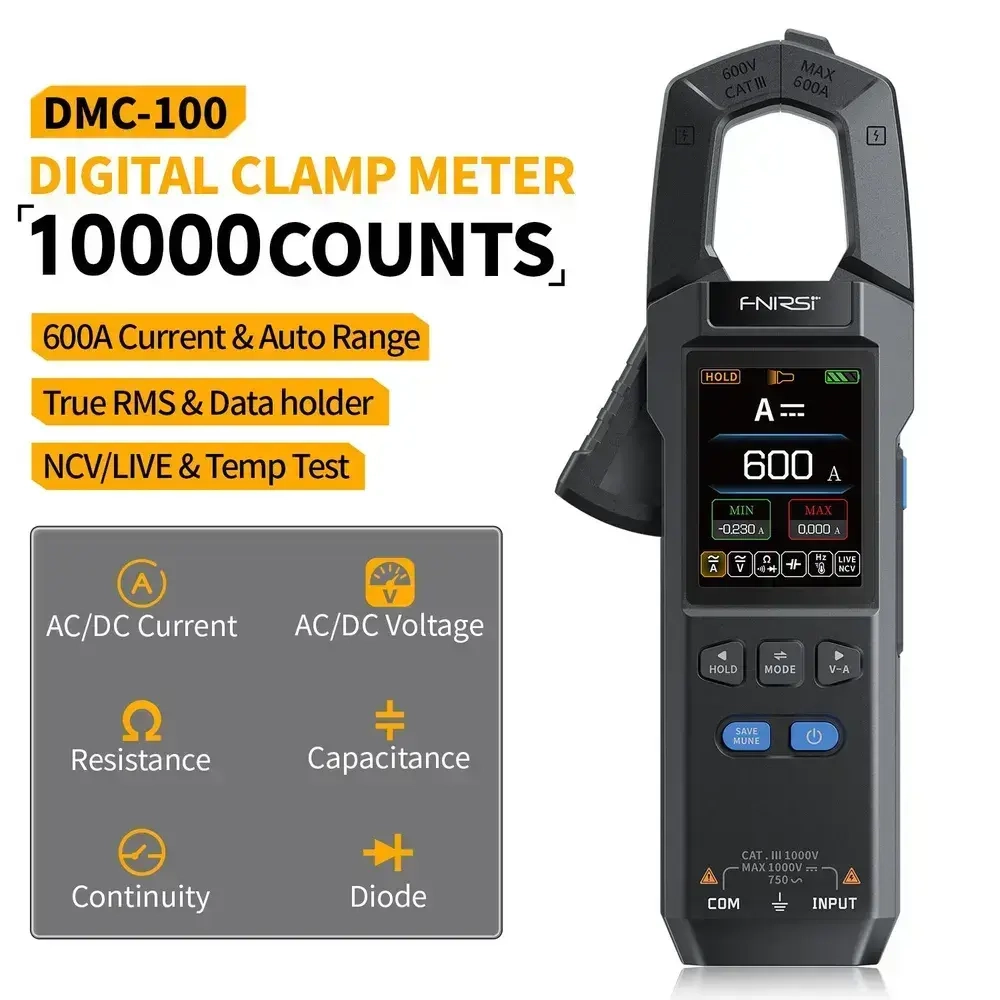 FNIRSI DMC-100, постоянный переменный ток и напряжение, мультиметр с клещами, полностью автоматический интеллектуальный высокоточный 600 А, 10 000 отсчетов, электрические инструменты NCV-черный