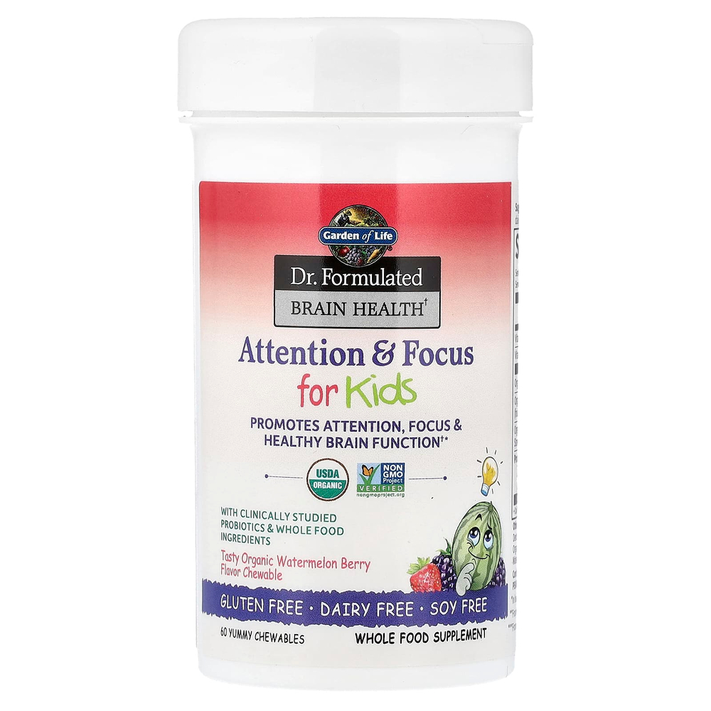 Garden of Life, Dr. Formulated Brain Health, внимание и концентрация для детей, вкус арбуза и ягод, 60 вкусных жевательных таблеток