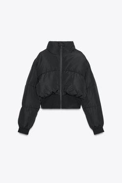 ZARA КОМБИНИРОВАННАЯ СТЕГАНАЯ УКОРОЧЕННАЯ КУРТКА, ЧЕРНЫЙ