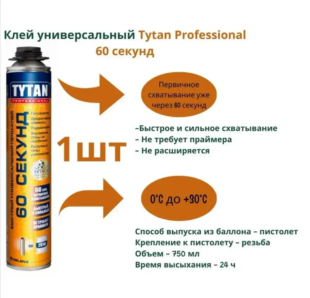 Tytan 60 секунд , Клей-пена профессиональная Tytan Professional 60 Секунд 750 мл.,1шт