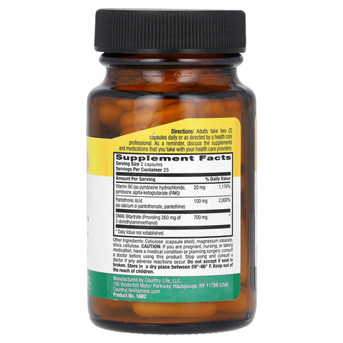 Country Life, коферментированный ДМАЭ, 700 мг, 50 веганских капсул (350 мг в 1 капсуле)