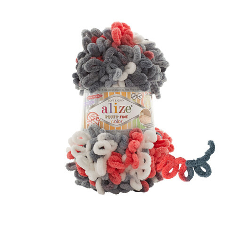 Пуффи файн колор (Puffy fine color) пряжа Alize 100%микрополиэстер 5х100г/14.5 м (6518 белый-серый-коралл)