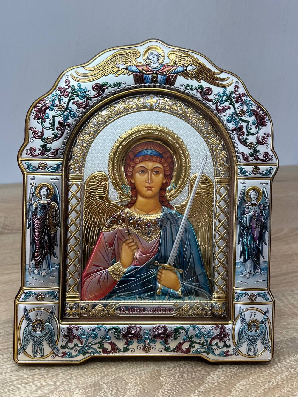 Ангел Хранитель, икона арочная с рамкой под стеклом, белое дерево, эмаль 167х228