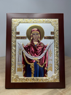 Покрова, икона прямоугольная с рамкой, красное дерево, эмаль 150х190