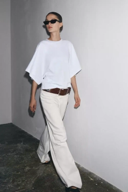 ZARA ФУТБОЛКА ИЗ ТКАНИ С ЭФФЕКТОМ ПОТЕРТОСТИ С ШИРОКИМИ РУКАВАМИ, БЕЛЫЙ