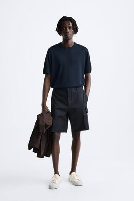 ZARA ТРИКОТАЖНАЯ ФУТБОЛКА ИЗ ХЛОПКА И ШЕЛКА, МОРСКОЙ СИНИЙ