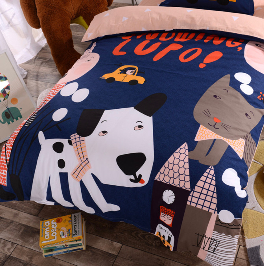 Постельное белье 1.5 Полуторка Сатин Детское Собачка на синем