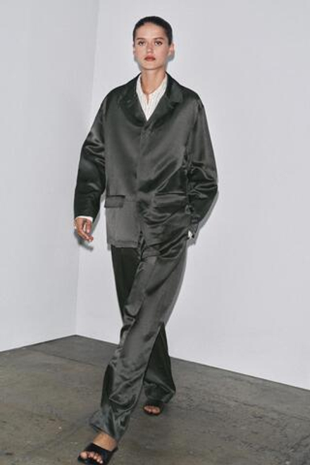 ZARA БЛЕЙЗЕР ИЗ АТЛАСНОЙ ТКАНИ С ЛЬНОМ — ZW COLLECTION, УГОЛЬНЫЙ