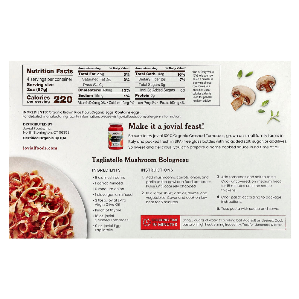 Jovial, Органическая паста из коричневого риса, яичный тальятелле, 255 г (9 унций)