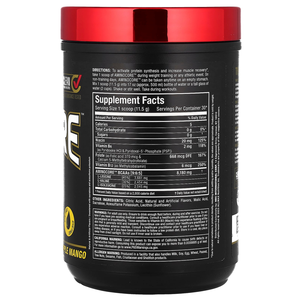 ALLMAX, AMINOCORE™ BCAA, ананас и манго, 345 г (0,76 фунта)