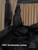 Шторы на лобовое (высота 0,90м, ширина одной стороны - 2,30м) и спальное место (высота 1,45м, ширина одной стороны - 1,15м) с бахромой и кистями в кабину грузовика. Полный комплект. Блэкаут, велюр. Бежевый цвет с прихватами