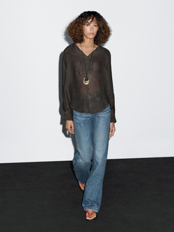 Massimo Dutti Блуза из 100% льна с деталью на груди, коричневый