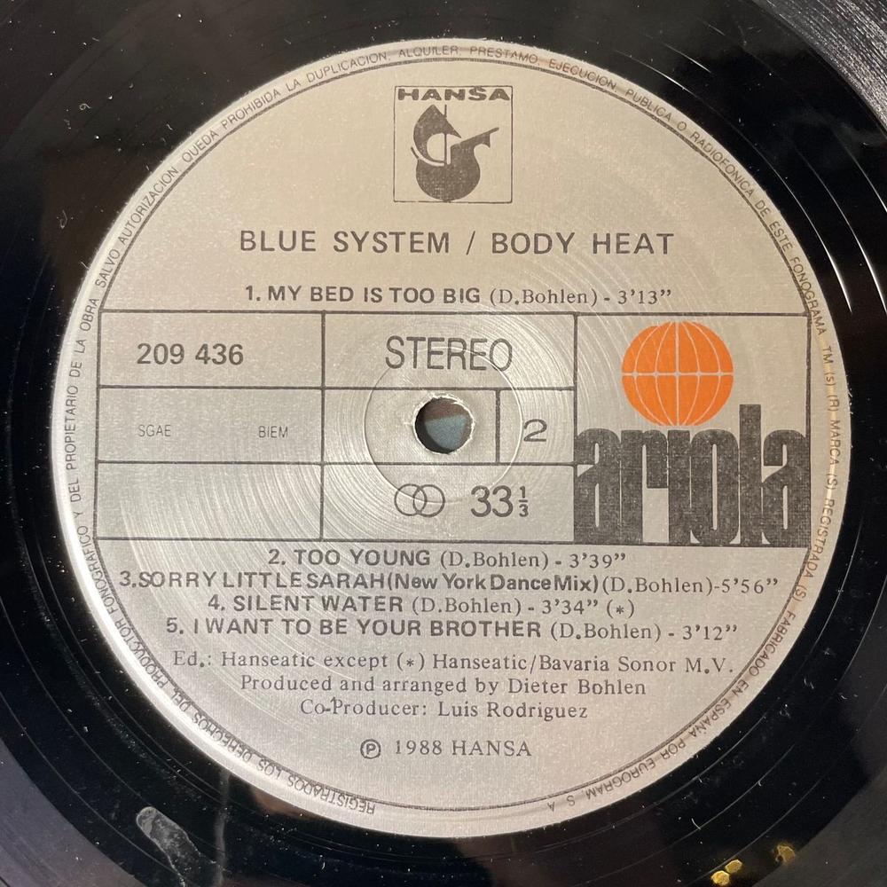 Винтажная виниловая пластинка LP Blue System Body Heat (Германия 1988)