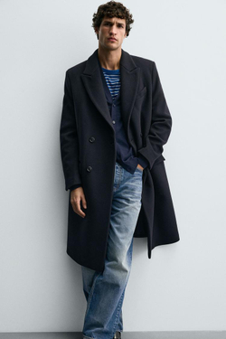 ZARA ДВУБОРТНОЕ ПАЛЬТО ИЗ СМЕСОВОЙ ШЕРСТИ MANTECO ®, МОРСКОЙ СИНИЙ
