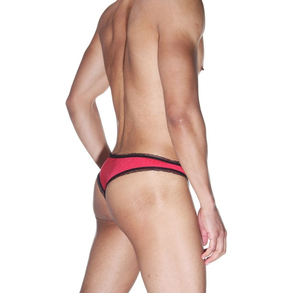 Красные мужские трусы-бразилиана с черной рюшевой отделкой (Размер: L-XL) (Цвет: красный с черным)