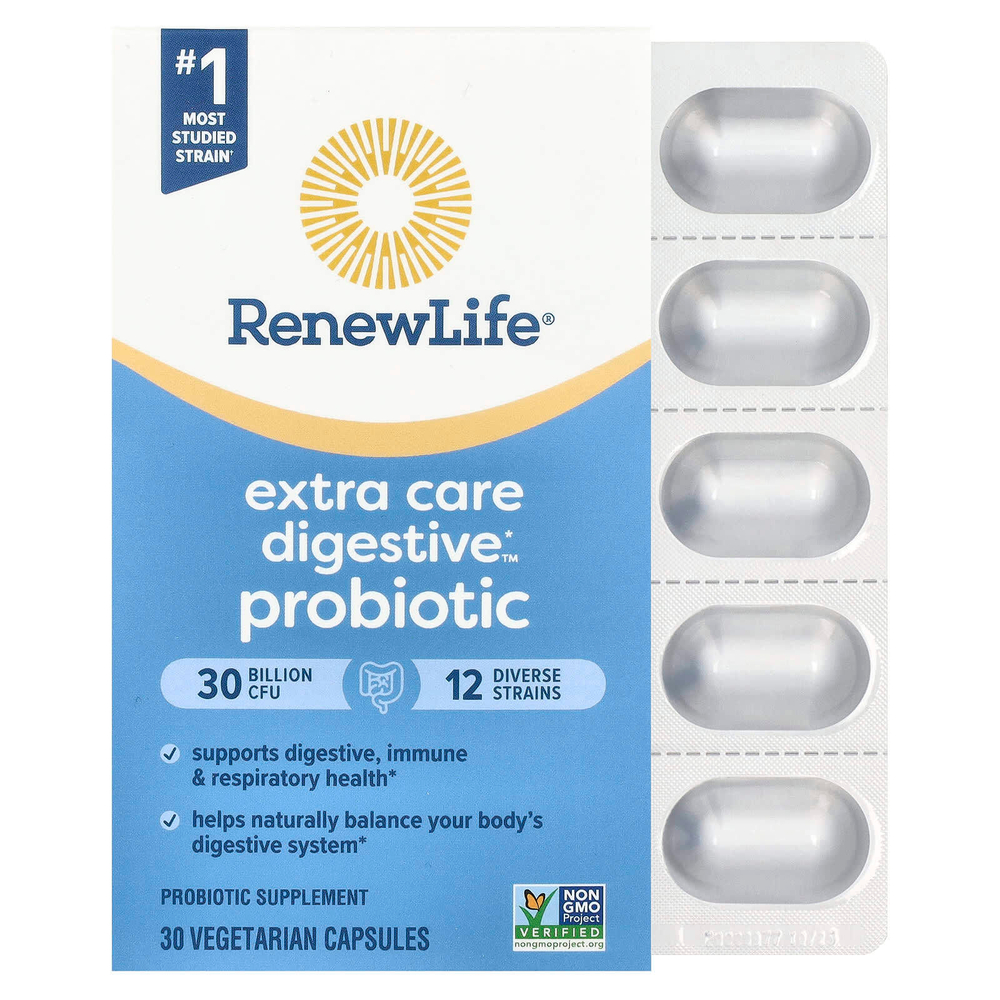 Renew Life, пробиотик Extra Care Digestive™, 30 млрд КОЕ, 30 вегетарианских капсул