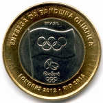 1 реал 2012 год. Бразилия. XXXI летние Олимпийские Игры в Рио - Эстафета передачи олимпийского флага. Биметалл AUNC