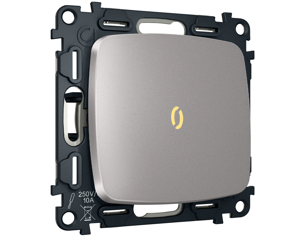 MO502010 Комплект механизма 1-кл выключателя с подсветкой 3200K OMEGA Сталь матовый QUANT (OP5020, VM101, G11Y)