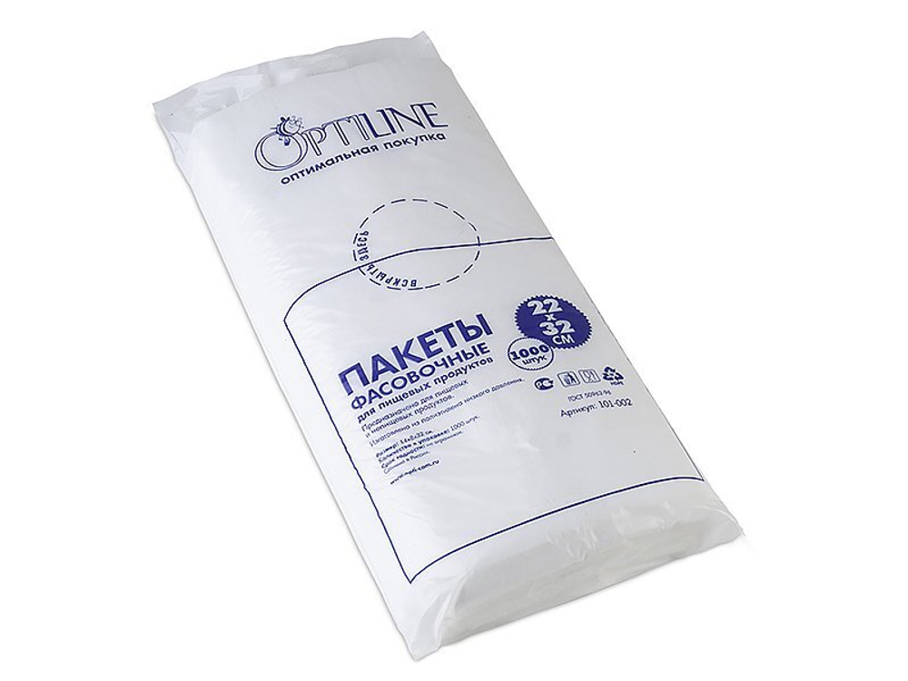Пакет фасовочный Optiline, ПНД, 14+8х32 см, 7 мкм, евроблок, 1000 штук в упаковке, 10000 штук в коробке
