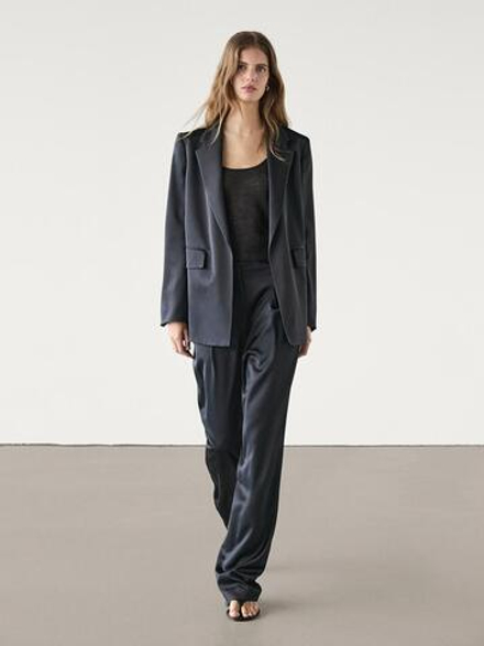 Massimo Dutti Атласный блейзер, темно-синий