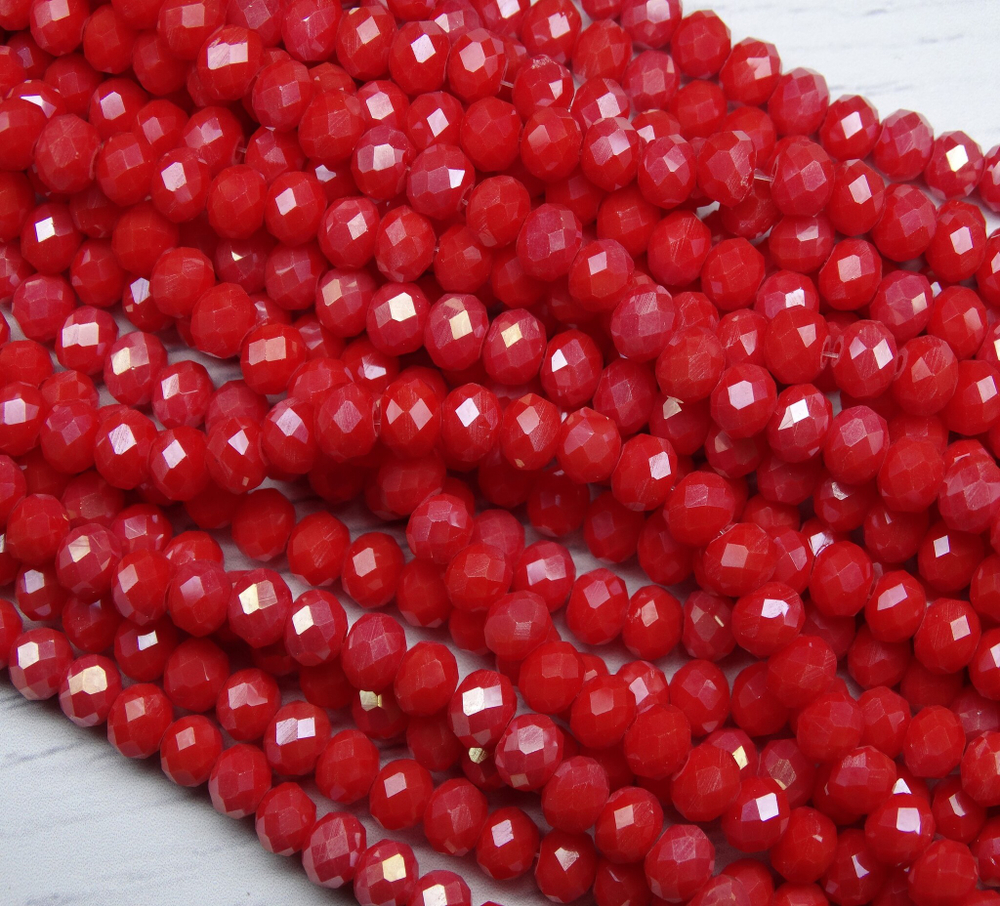 БН002ДС46 Хрустальные бусины "рондель", цвет: ярко-красный AB непрозрач., 4х6 мм, кол-во: 58-60 шт.
