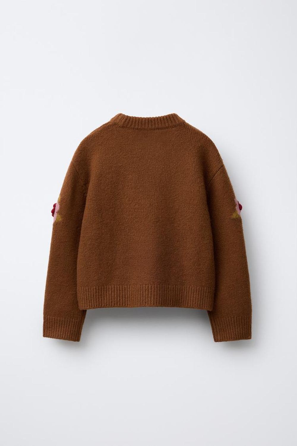 ZARA ВЯЗАНЫЙ ДЖЕМПЕР С ЦВЕТОЧНЫМИ АППЛИКАЦИЯМИ, КАРАМЕЛЬНЫЙ