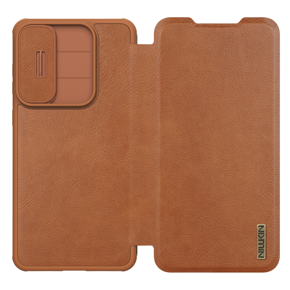 Кожаный чехол книжка коричневого цвета от Nillkin для смартфона Samsung Galaxy S25 Edge, серия Qin Pro Leather с сдвижной защитной шторкой для камеры