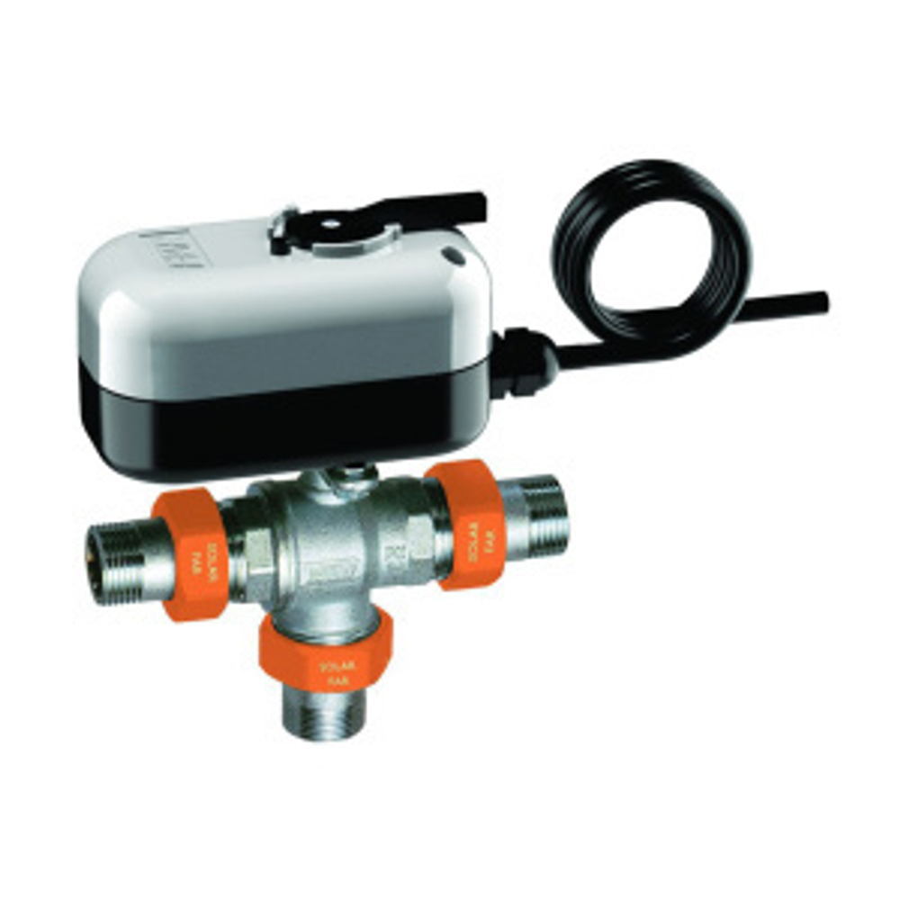 Кран шаровой 3-х ход., 3/4" (американки), SOLARFAR, сервопривод 8 сек, 220В