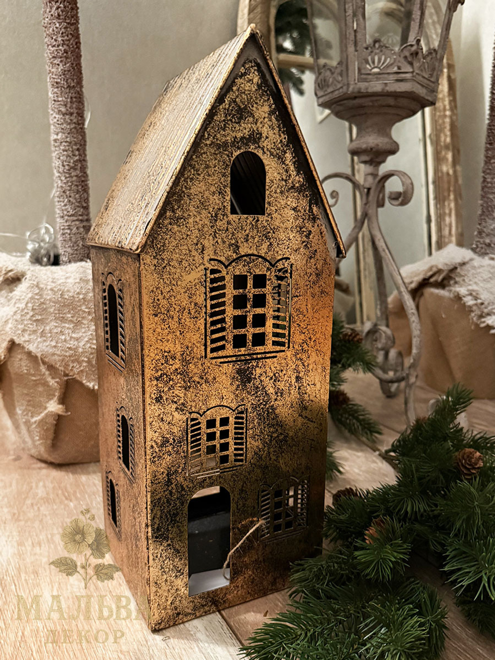 Подсвечник "Домик" большой античное золото 16x16xH42 см