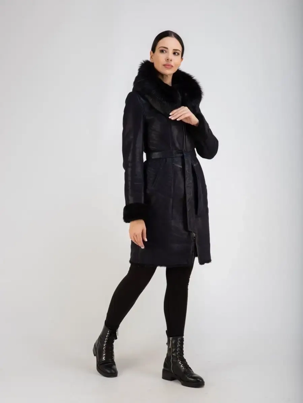 Дубленка женская натуральная с капюшоном длинная Турция