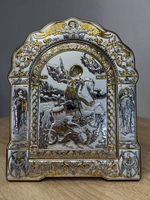Георгий Победоносец, икона арочная с рамкой, красное дерево 167х228
