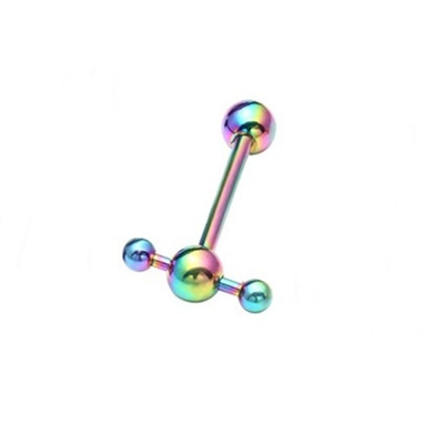 Штанга 16 мм для пирсинга языка "Со штангой", толщина 1,6 мм, диаметр шариков 5 мм. Медицинская сталь, радужная. 1 шт