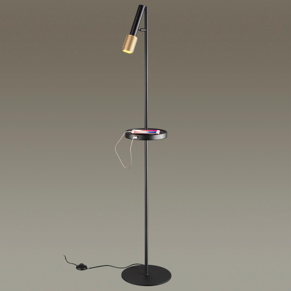4240/1F HIGHTECH ODL21 321 черн/зол/металл Напольн.св-ник c выкл, USB IP20 LED GU10 max 10W MEHARI