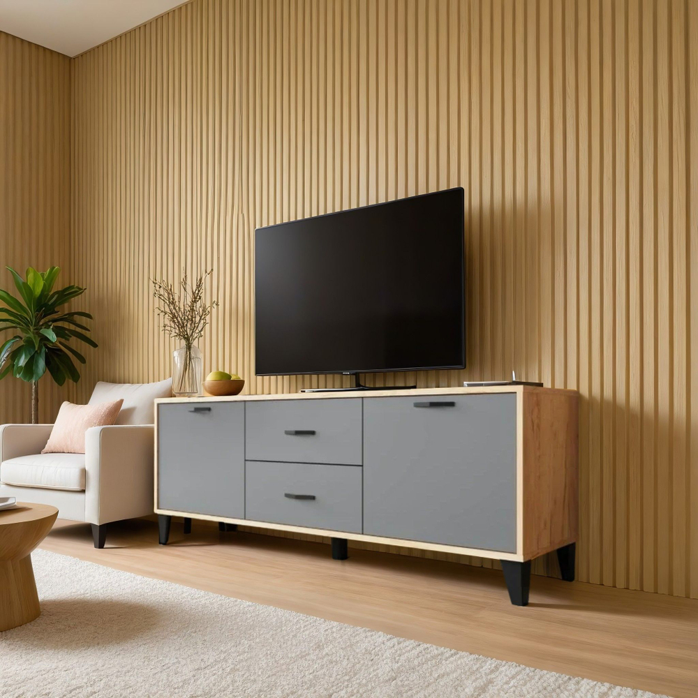 Тумба под ТВ Микон ТВМ-6, ЛДСП, дуб крафт золотой, серая, 150,2х38,3х54,3 см