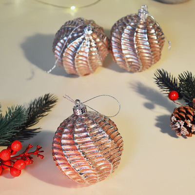 Шар новогодний 3шт 8см "Полоски" цвет розовый металл