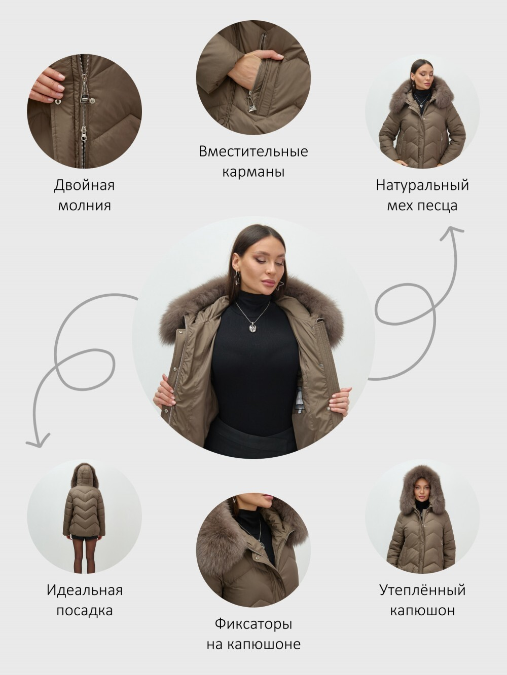 Куртка зимняя женская с мехом и капюшоном тренд коричневого цвета 7759K