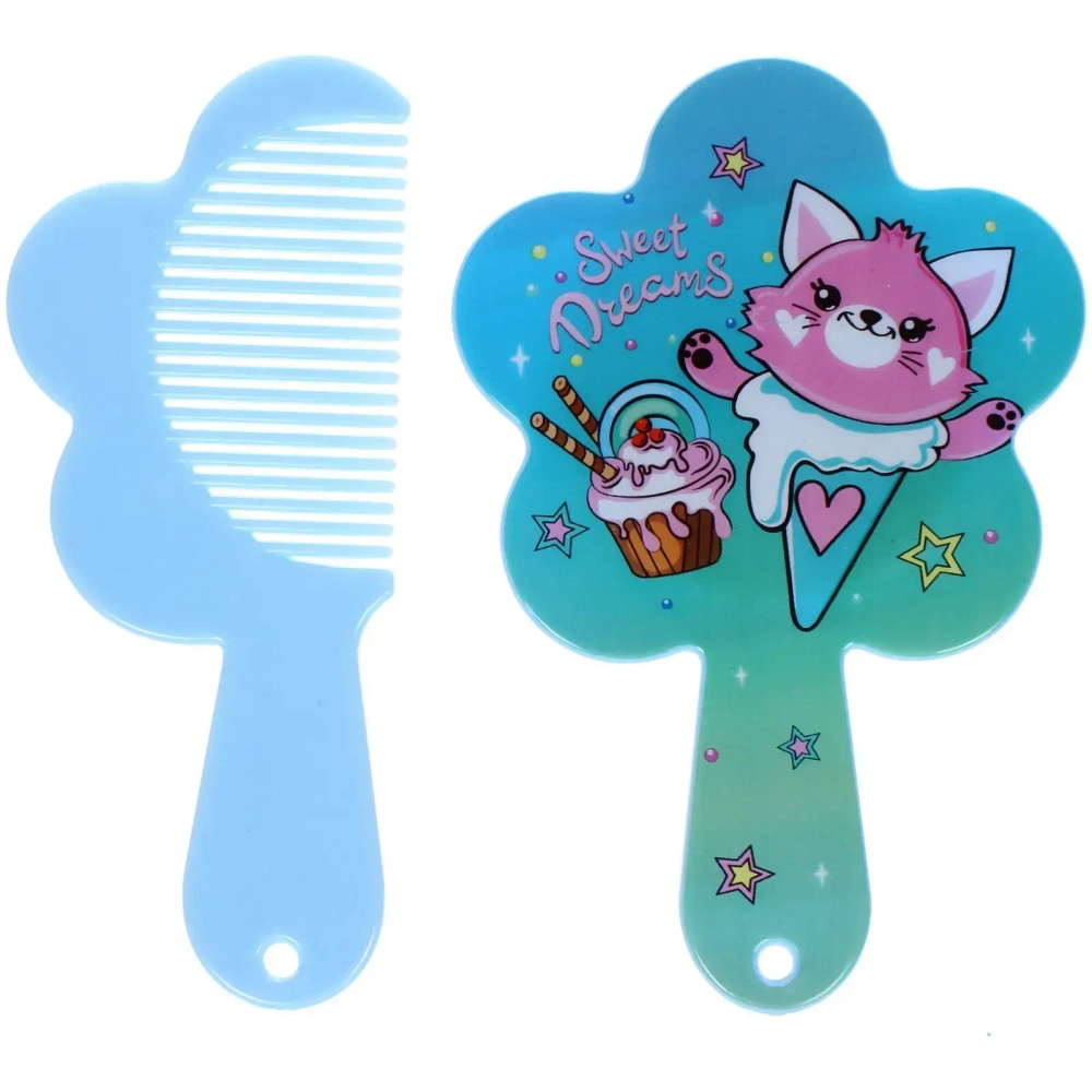 Расческа с зеркалом в наборе детские «МИМИШКИ», котик, цвет лазурный, 11см