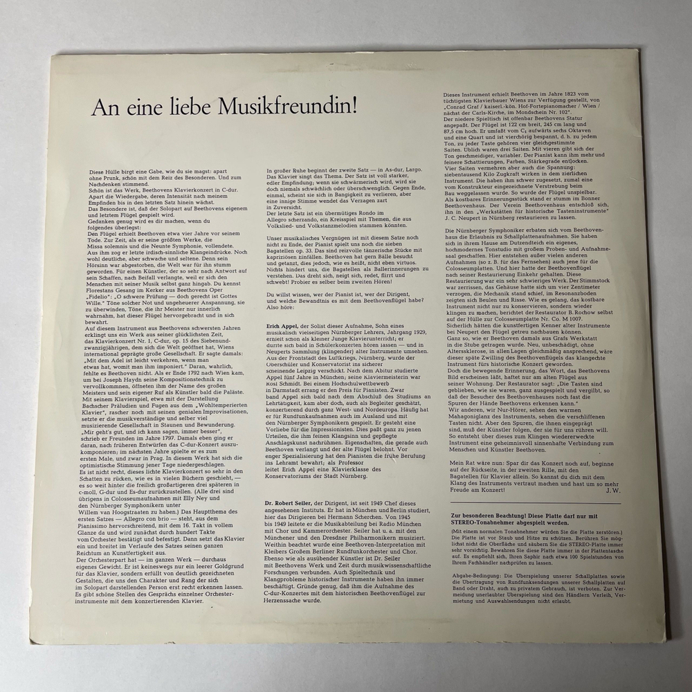 Винтажная виниловая пластинка LP Ludwig van Beethoven, Erich Appel, N rnberger Symphoniker, Robert Seiler, Klavierkonzert Nr. 1 C-Dur, Op. 15, 7 Bagatellen Op.33 (Германия 1977)